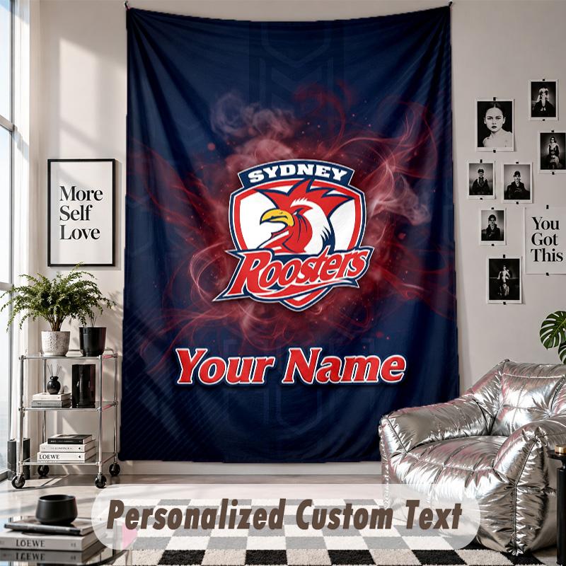 Wall Hanging Tapestry With Custom Name & Text, Sydney Roosters Decorative Tapestry For Bedroom