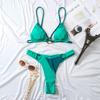 Women's Split Halter Neck Solid Color Patchwork O-String Bikini Sets