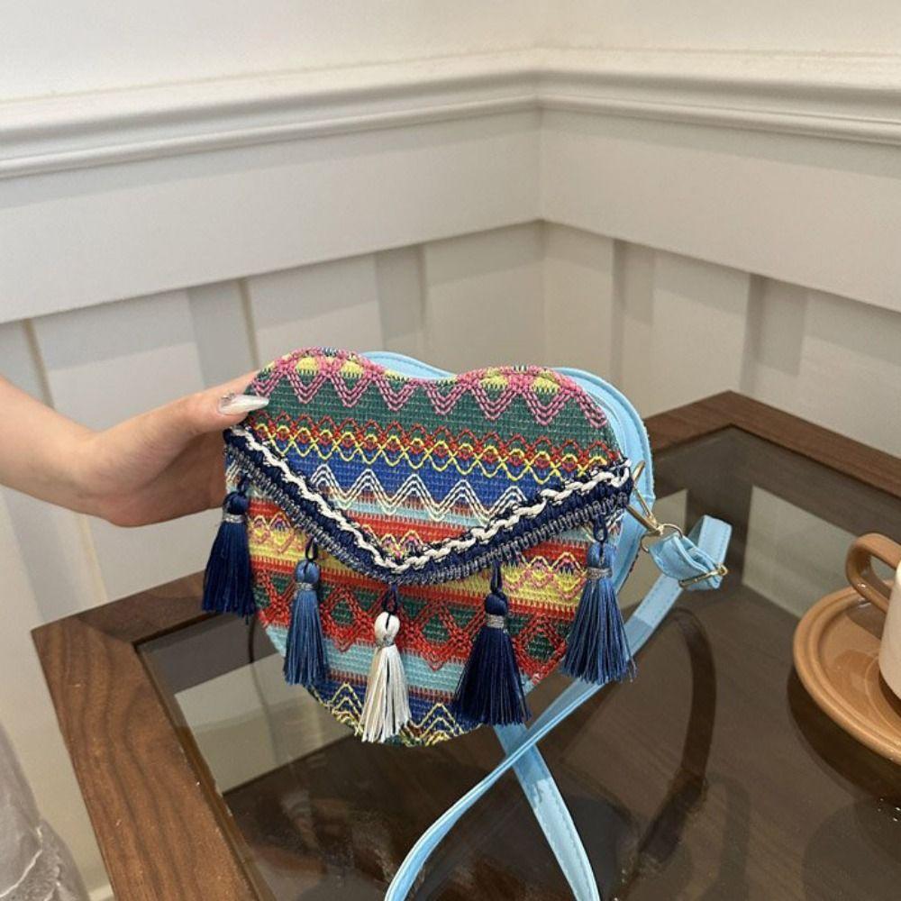 Tassel Fringe Shoulder Bag Love Shape Bohemian Messenger Bag Ethnic Style Crossbody Bags  Travel
