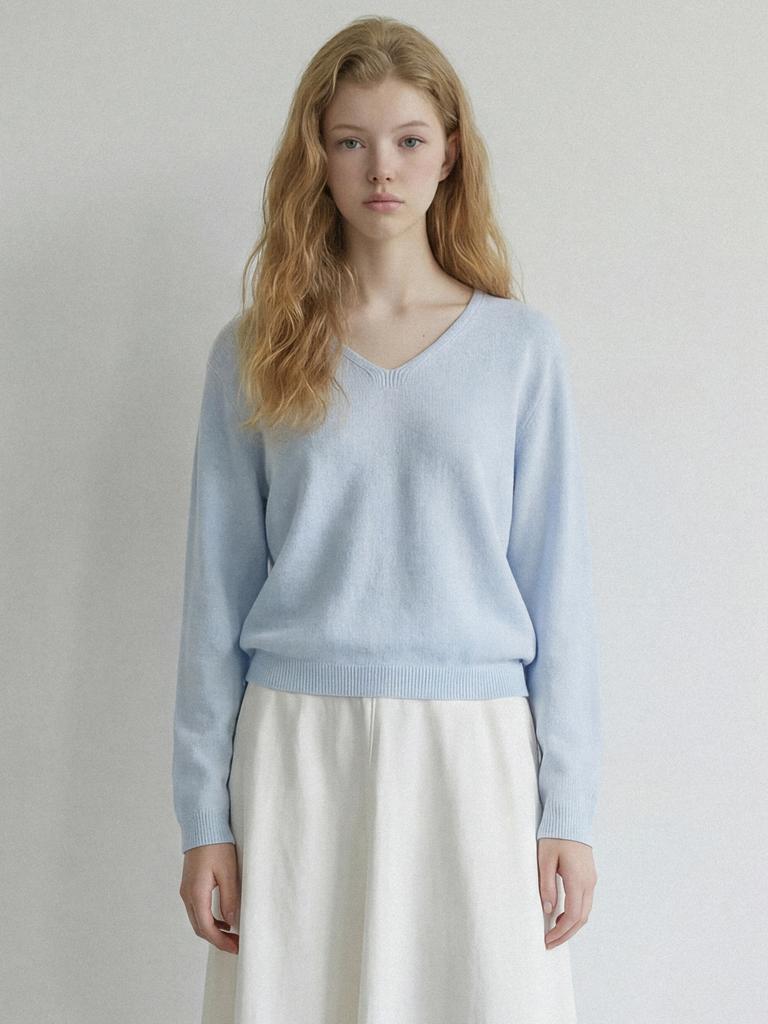 STAY WITH ME Whole Garment V-Neck Wool Knit_Sky Blue