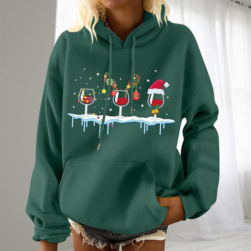 Женская мода для отдыха, рождественской вечеринки, пуловер с длинными рукавами и капюшоном с принтом, топ