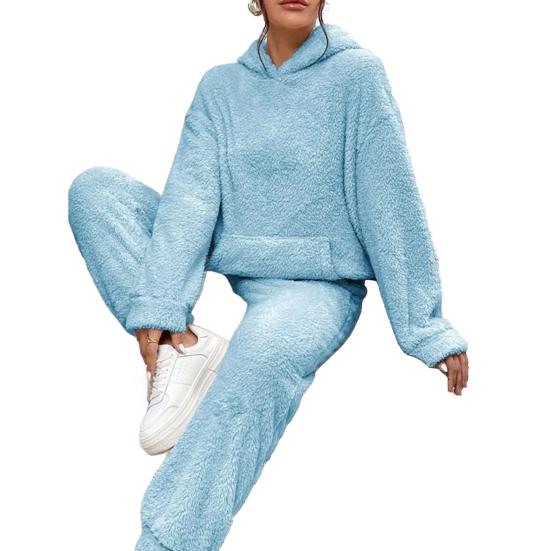 Women's Fuzzy Fleece Pajamas Set Winter Plush Pullover Hoodies And Pants Lounge