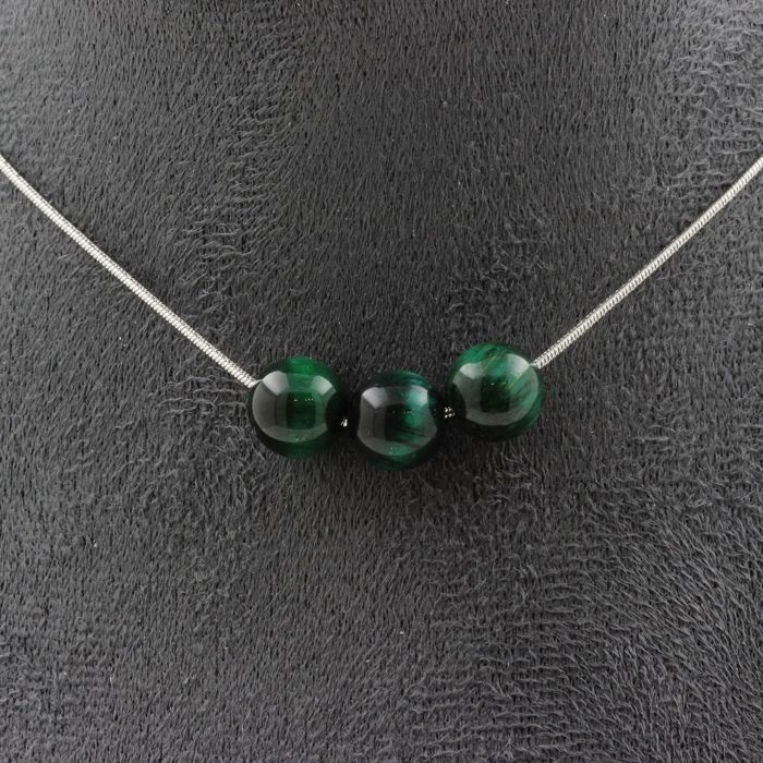 Stones and Minerals. 3-pearl Necklace with 8mm Green Tiger's Eye Beads. Stainless Steel Chain Necklace Women Men. Custom Size