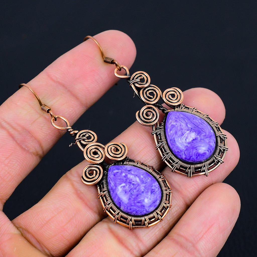 Wonderful Charoite Gemstone Handmade Pure Copper Wire Wrapped Earrings Jewelry
