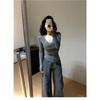 Pure Desire V-neck Sexy Lace Inner Bottoming Shirt for Women Autumn and Winter New Style High-end Slim Gray Long-sleeved Top