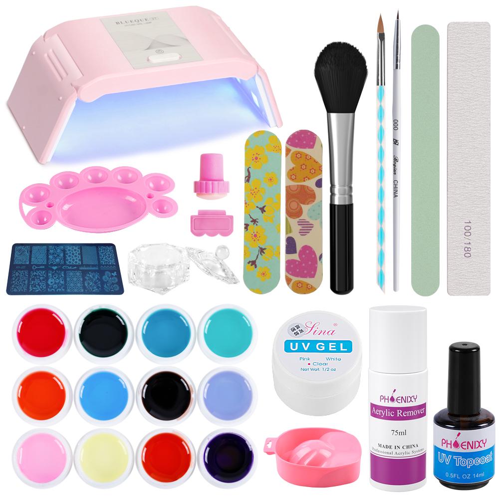 Набор УФ-гелей для ногтей PHOENIXY с УФ-светодиодной лампой, маникюрные инструменты, художественный набор, набор полуперманентных гель-лаков, замачиваемый УФ-лак, полный набор акриловых ногтей