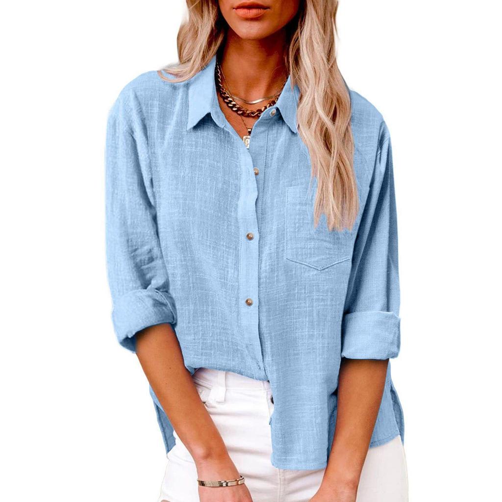 Women's Autumn Long Sleeve Button Solid Color Loose Shirt Casual Large Size Shirt
