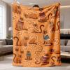 1pc Vintage Cartoon Brown Cat Design Flannel Blanket | UltraSoft, Warm, Machine Washable, AllSeason Comfort for Sofa, Bed, Travel, Camping, Living Roo