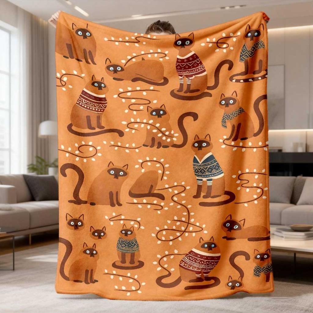 1pc Vintage Cartoon Brown Cat Design Flannel Blanket | UltraSoft, Warm, Machine Washable, AllSeason Comfort for Sofa, Bed, Travel, Camping, Living Roo