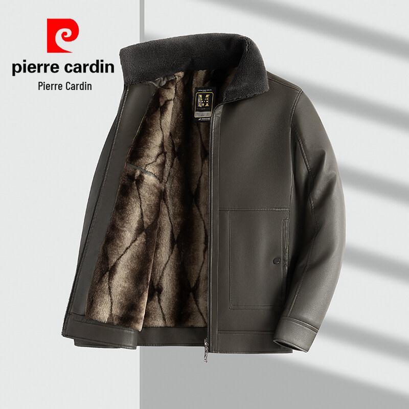 Мужская кожаная куртка Pierre Cardin 2025 с воротником-стойкой - Повседневная, Универсальная, Теплая, С подкладкой из бархата для мужчин среднего возраста