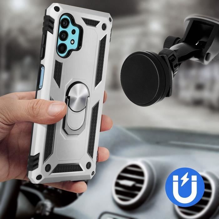 Coque pour Samsung A32 5G (6,4") Argente Anneau Support Metal Bordure Silicone Plaque Métallique Au Dos Solide