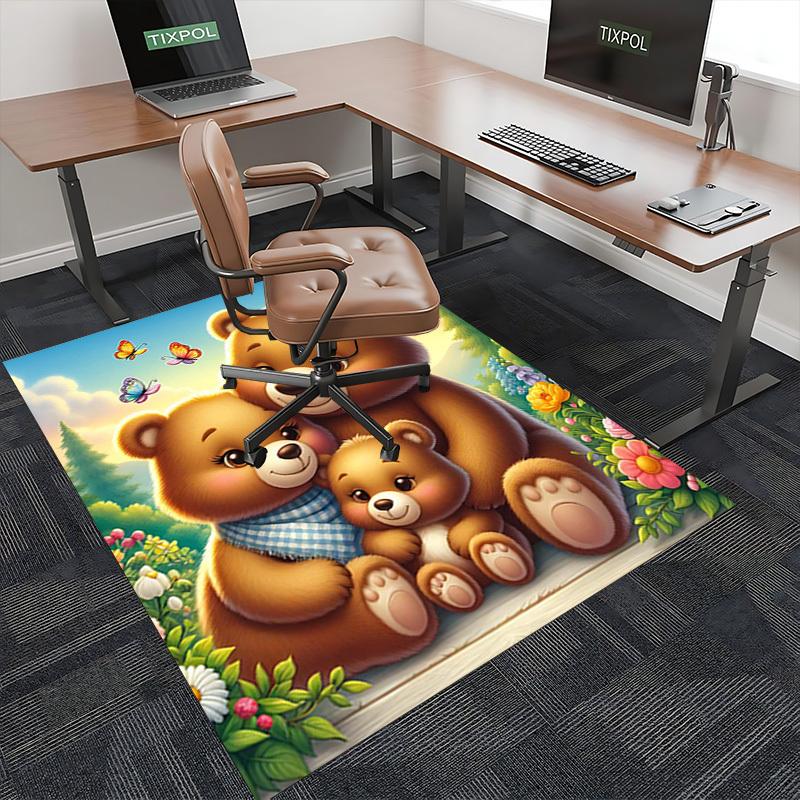 1pc Anime Cartoon Design Office Chair Mat - Cute Bear Family with Butterflies and Flowers, Suitable for Home Decor, Living Room, Bedroom, Game Room, N