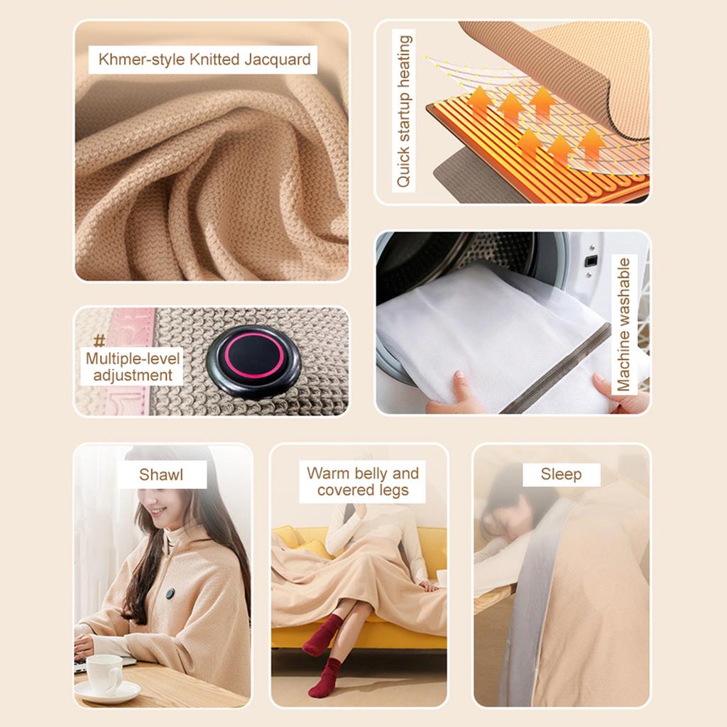 Wearable Electric Heated Blanket with 3 Heating Levels USB Heating Blanket Soft Zipper Heated Blanket Shawl Winter Warmer Scarf