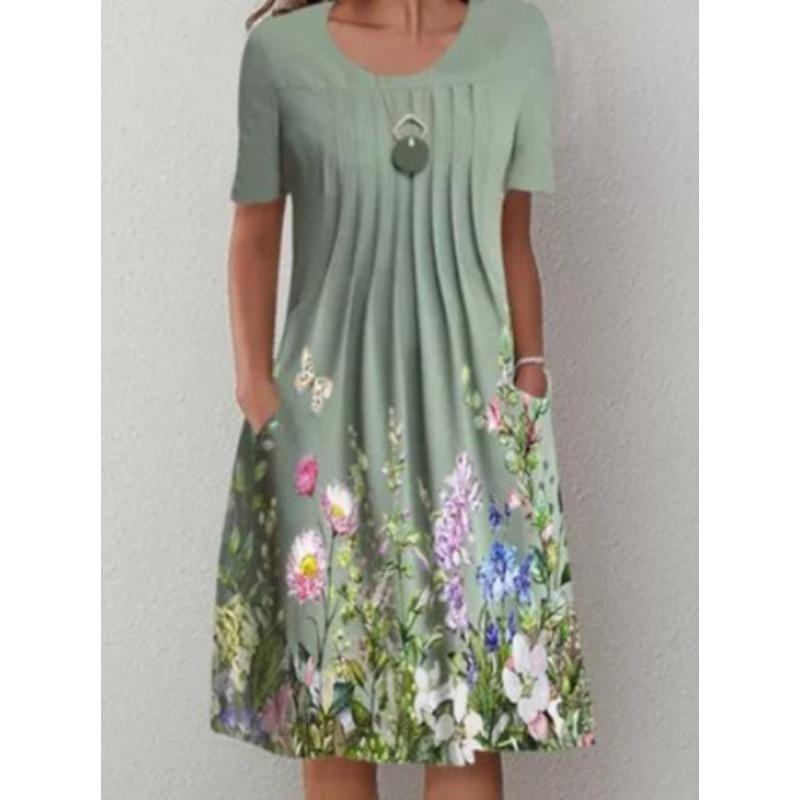 Модное женское летнее платье с коротким рукавом, принтом, круглым вырезом, карманом, цветочным узором, повседневное, простое, А-силуэта, средней длины, для вечеринки, приталенное, плиссированное, свободного кроя