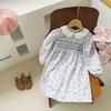Spring Girls Butterfly Print Long Sleeve Dress Peter Pan Collar Shirred Elegant Kids Clothing