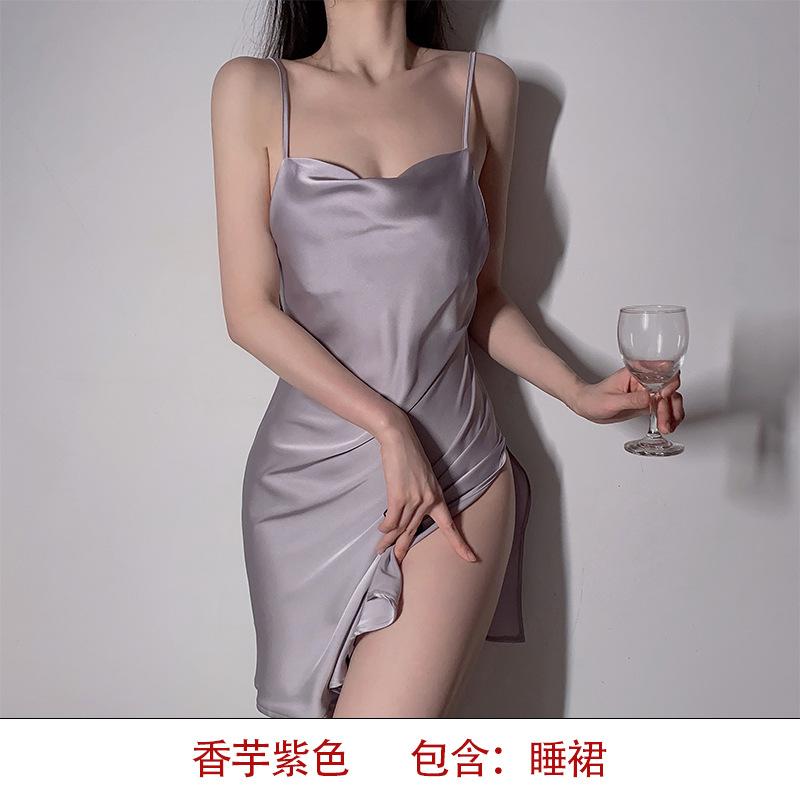Sexy Ice Silk Solid Color Suspender Women's Summer Split Ultra-thin Backless Pajamas Loungewear N