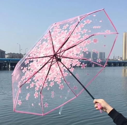 1PC Portable cute flower household rain gear cherry blossom transparent umbrella wind and rain protection 3 fold PVC umbrella