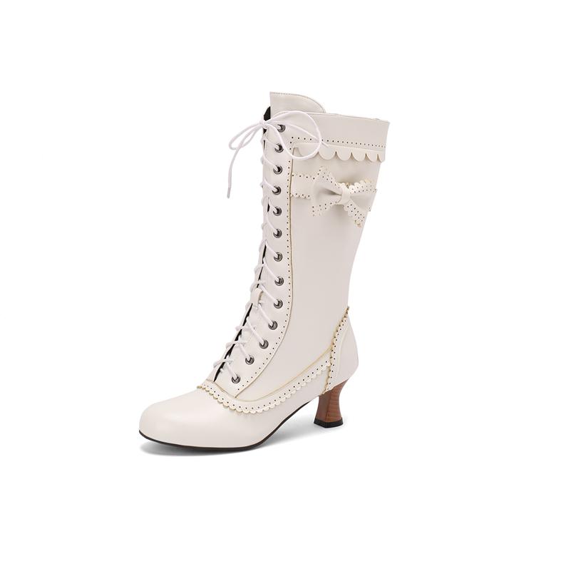 Meotina Женские полусапожки с круглым носком, на высоком каблуке, с застежкой-молнией и бантом, на шнуровке, лаконичные женские модные туфли, зимние, белые, красные, 46