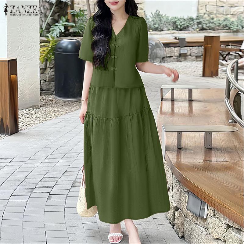 ZANZEA Женские летние комплекты из двух частей: блузка с коротким рукавом и длинные юбки