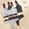 TERMEZY Women Push Up Bra Set Sexy Letter Sport Vest Bra Low Waist Thong Set Wire Free Bralette Lingerie Cotton Underwear Set