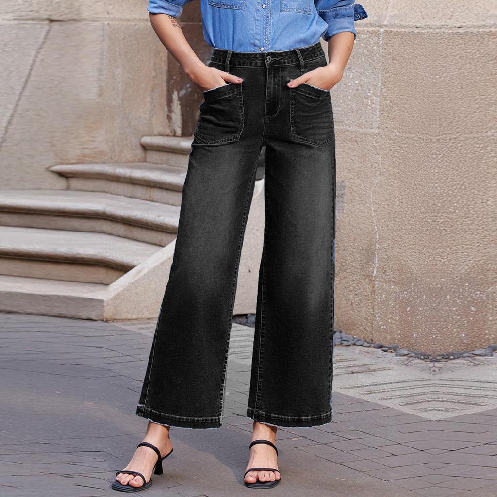 Women's Wide Leg Jeans Casual High Waisted Straight Denim Pants With Pockets