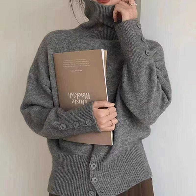 Однотонный женский свитер с высоким воротом на осень-зиму в стиле ретро в Корейском стиле с ленивым узором