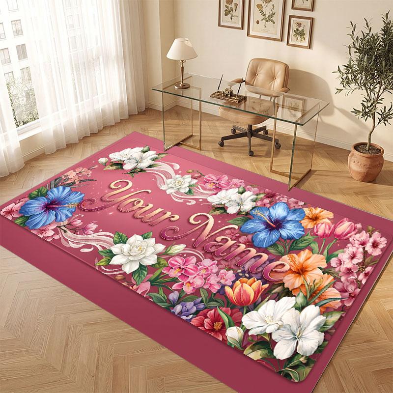 Floral Garden Theme Crystal Velvet Floor Rug Personalized Custom Name Text Warm Carpet Home Decoration
