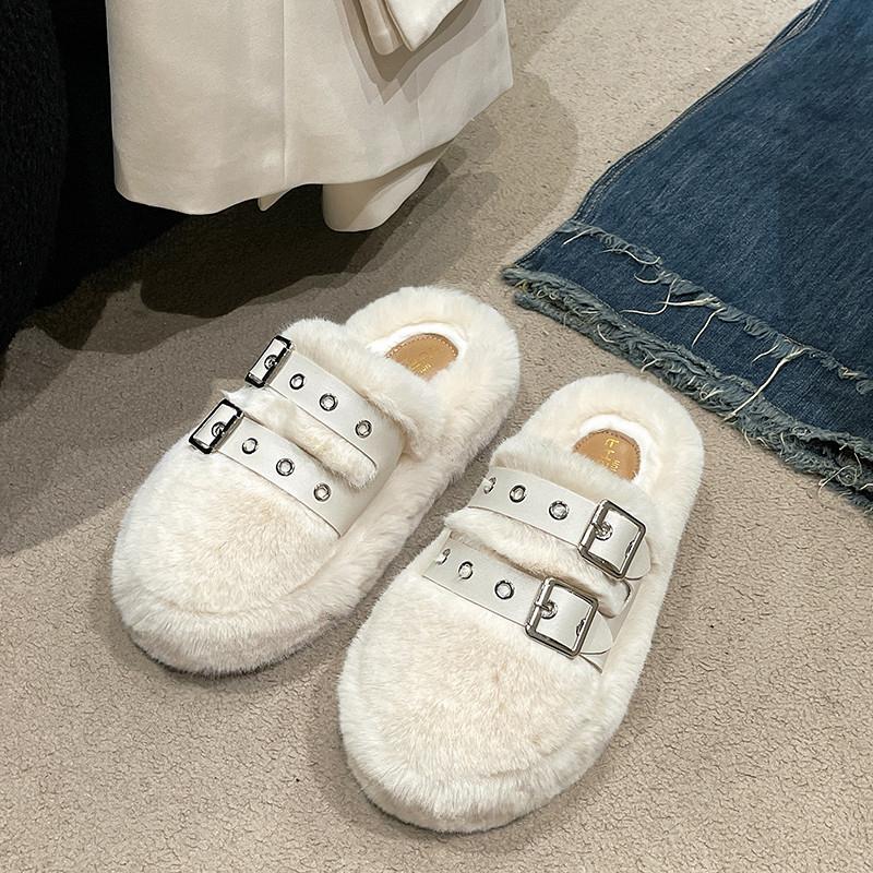 Fashion Women Fashion Warm Fluffy Slippers Cozy Faux Fur Cross Indoor Floor Slides Women New Metal Buckle Design Flat Soft Warm Slippers