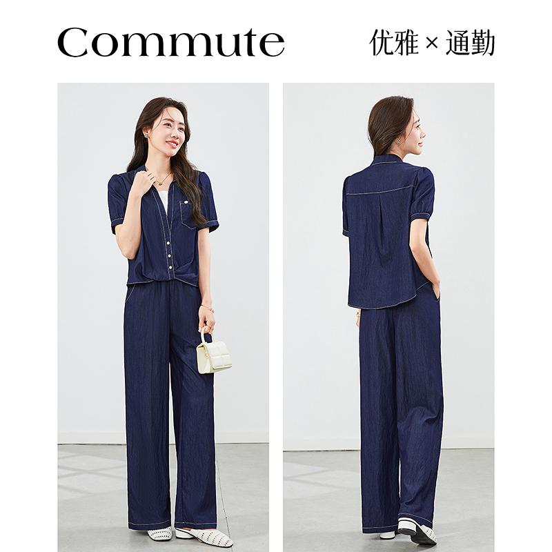 Age reducing lightweight breathable denim top+casual pants two-piece set