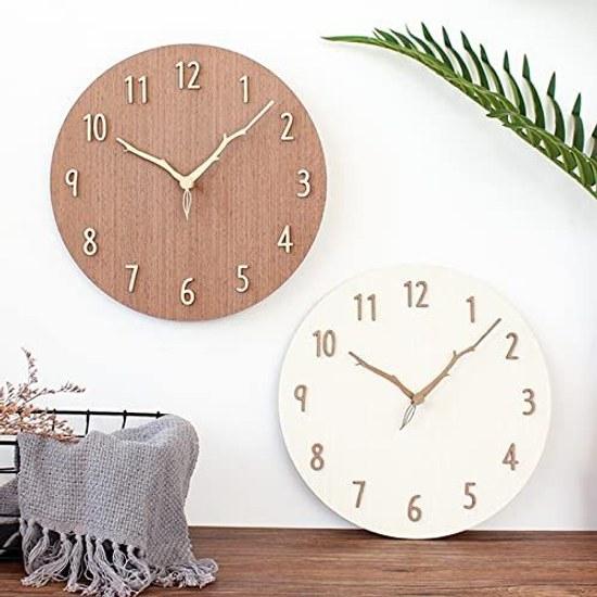 Wall clock wood stylish Nordic silent wall-mounted round frameless cute 12 inches (diameter 30 cm) natural solid panel 3D three-dimensional numbers