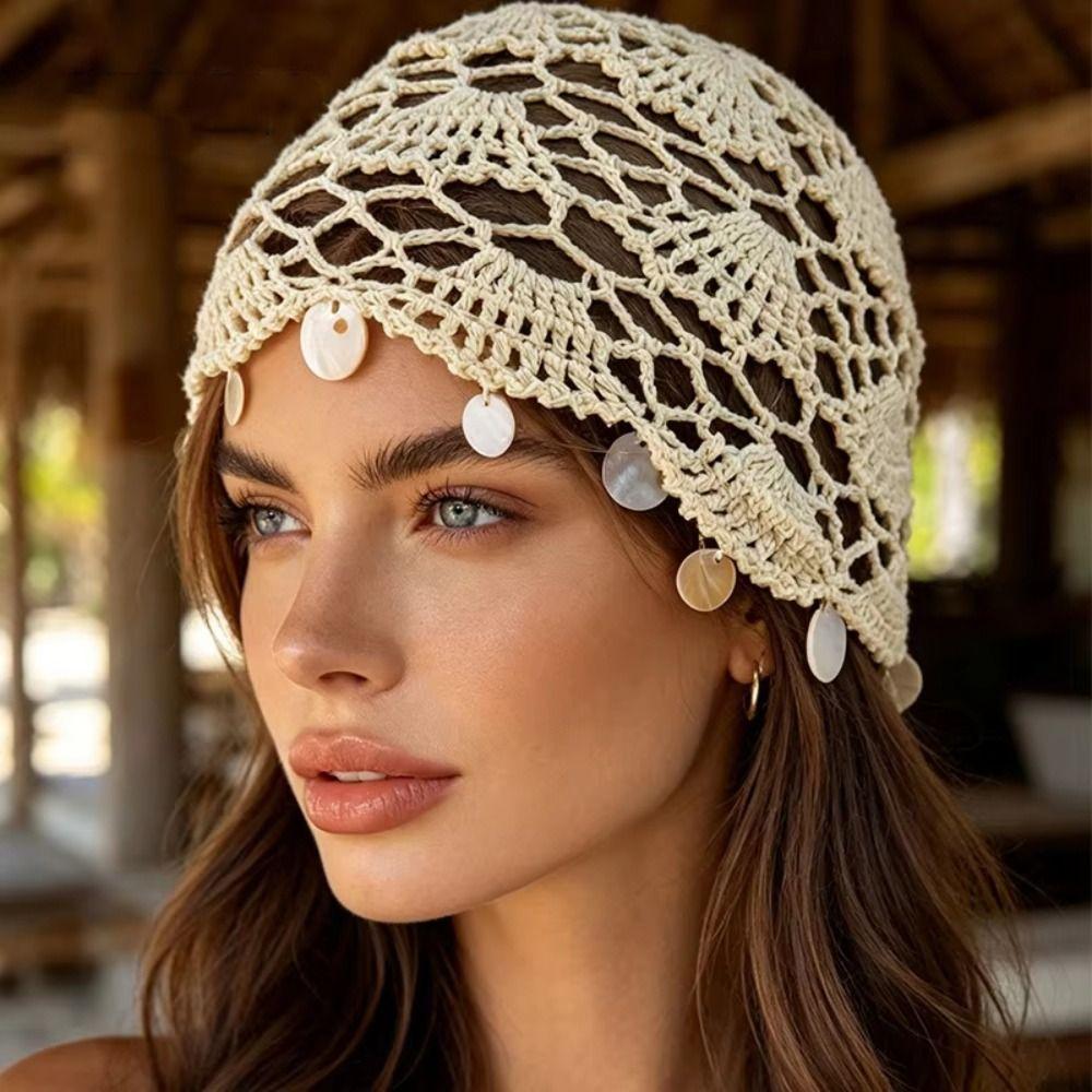 Thin Shell Tassels Hat Elegant Bohemian Style Beanies Retro Hollowed Out Knitted Hat Girls
