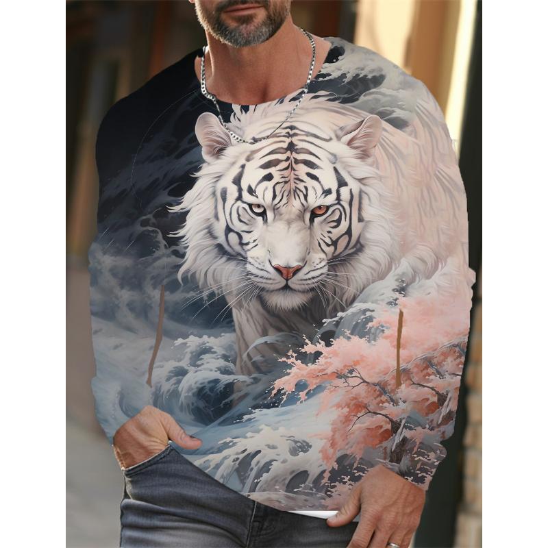 2024 New Tiger Print Pullover Autumn Winter Men's Casual Long Sleeve Round Neck Sweatshirt Streetwear Harajuku Men's Wear