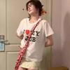 American retro trendy brand love letter printing shoulder sleeves loose cotton heavy round neck T-shirt women's casual top