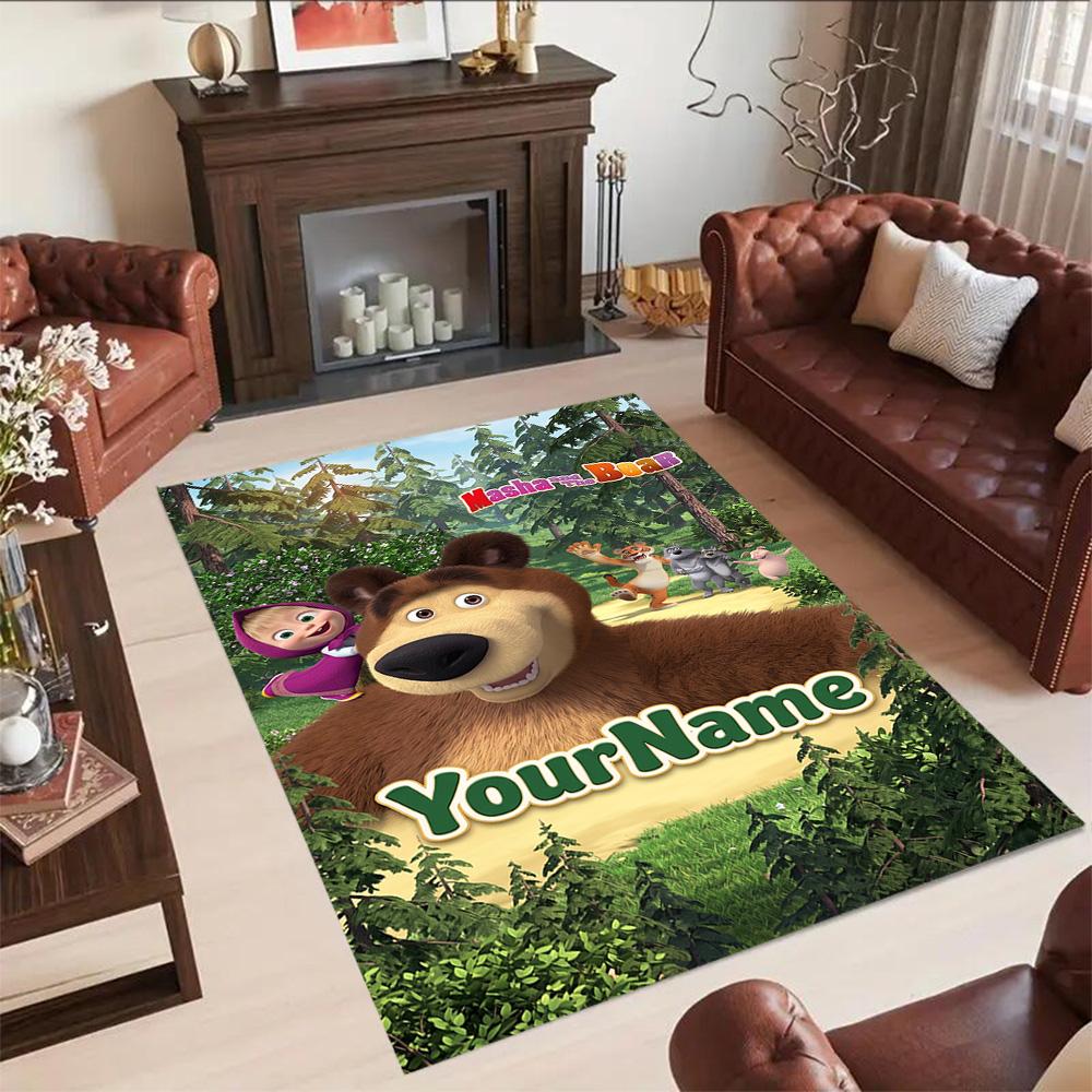 Masha Bear Customizable Name Floor Rug Office Rug Suitable for Outdoor Bedrooms Living Rooms Foyer Anti-slip Rug Decorate Offices Best for Christmas