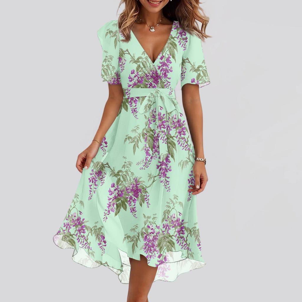 Women's Fashion Casual V Neck Short Sleeve Ruffled Vintage Printed Dresses