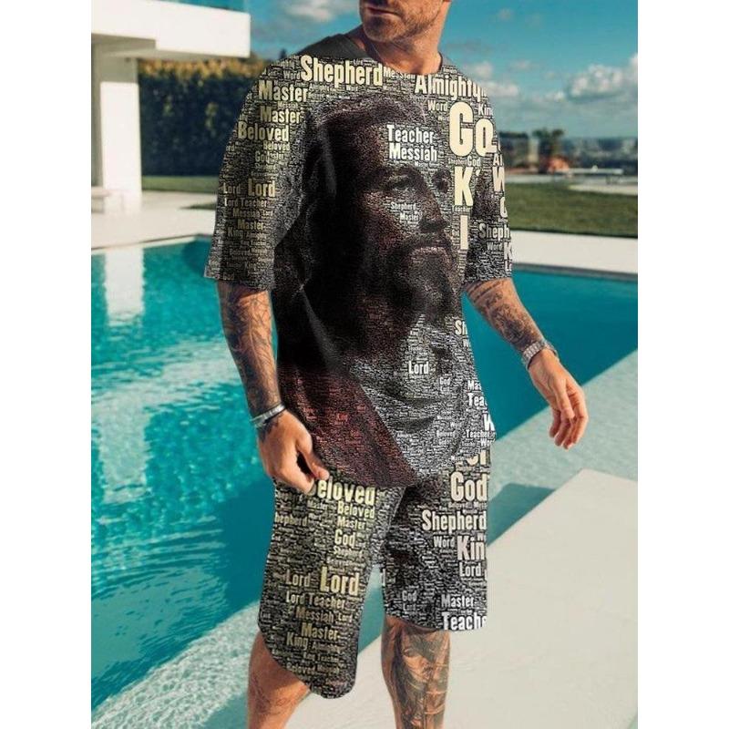 Модный Повседневный Отпуск Летний Мужской Костюм Принт Черепа 3D Спортивная одежда Костюм с коротким рукавом Футболка оверсайз с круглым вырезом Шорты 2 предмета