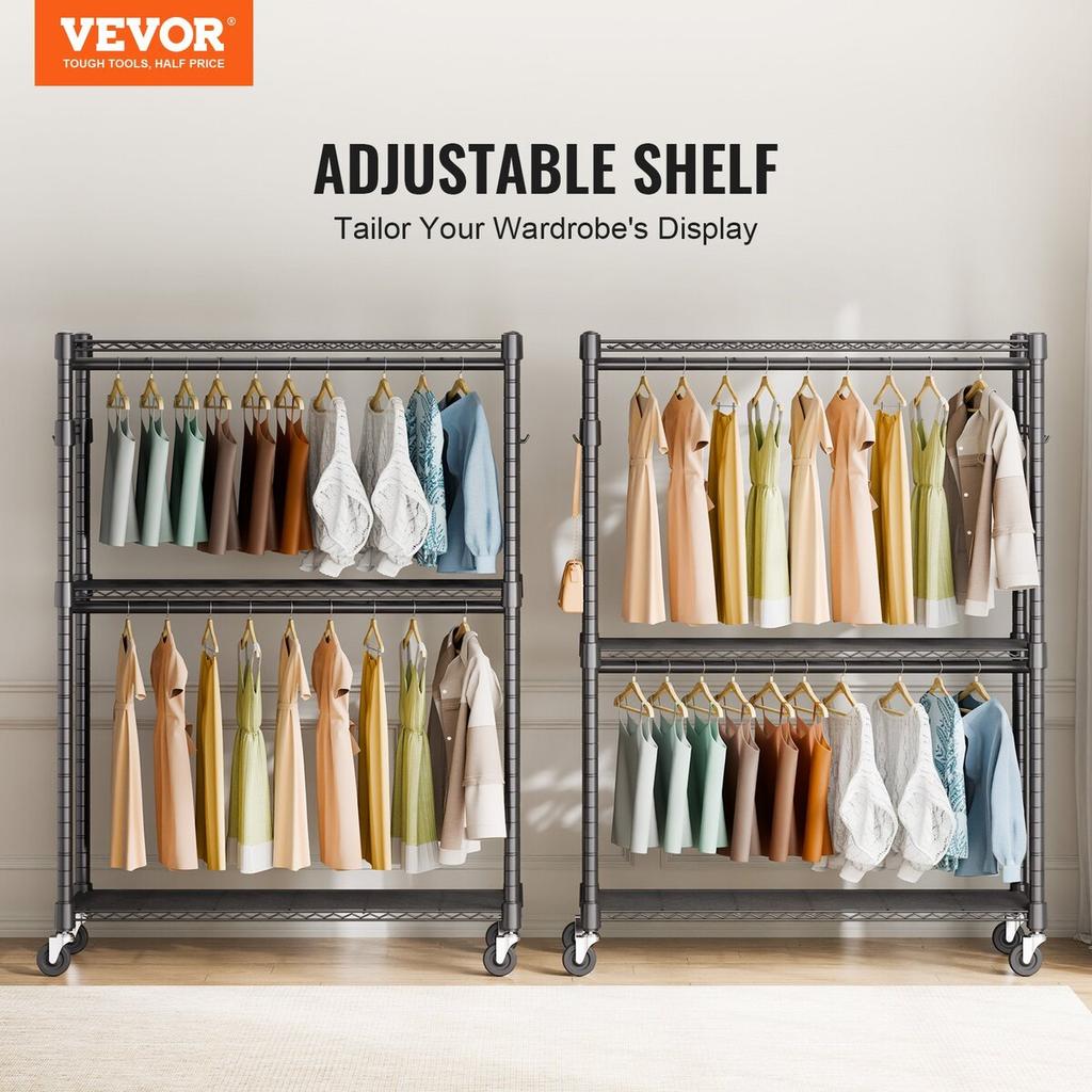 Heavy Duty Clothes Rack, Rolling Clothing Garment Rack with 3 Storage Tiers, 2 Rods and 2 Pairs Side Hooks, Adjustable Height Clothing Rack Closet for
