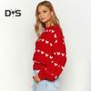 Женский свитер с круглым вырезом и длинным рукавом, узором в виде сердца, вязаный топ, свободный крой, ребристая отделка, эластичный пуловер, свитер на каждый день