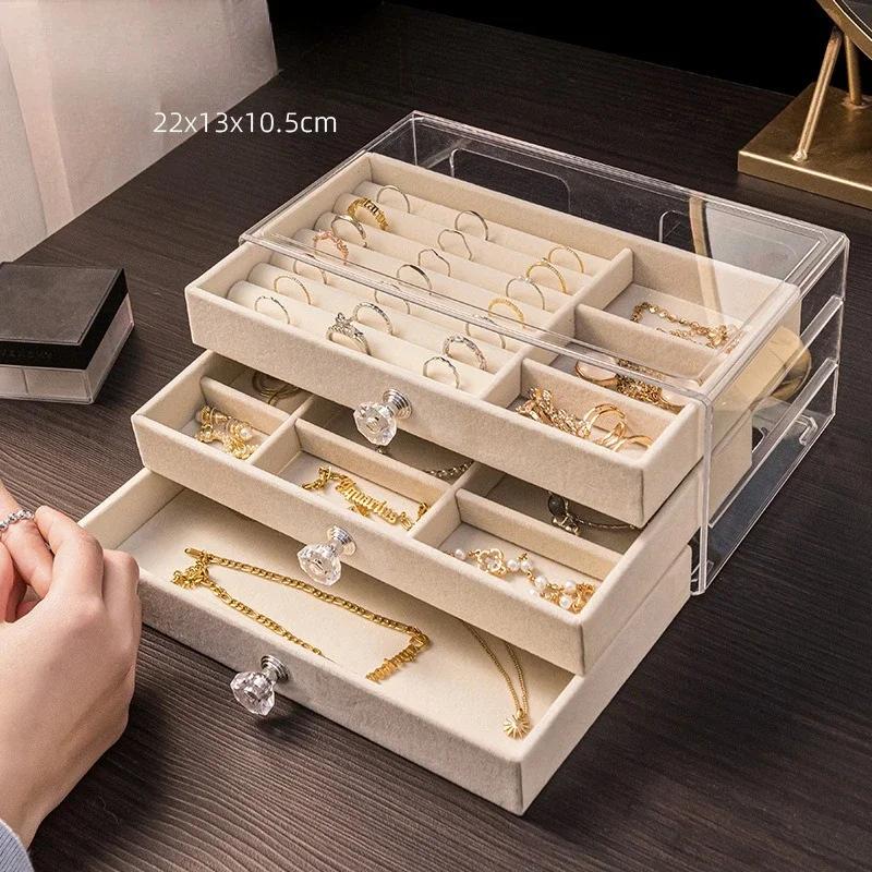 Velvet Stud Earrings Storage Box Three Layer Jewelry Organizer Dust Proof Drawer Design for Accessories Dressing Jewelry Box