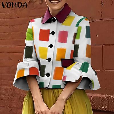 Женская рубашка с воротником 3/4, расклешенная свадебная атласная рубашка с длинными рукавами и пуговицами с геометрическим рисунком