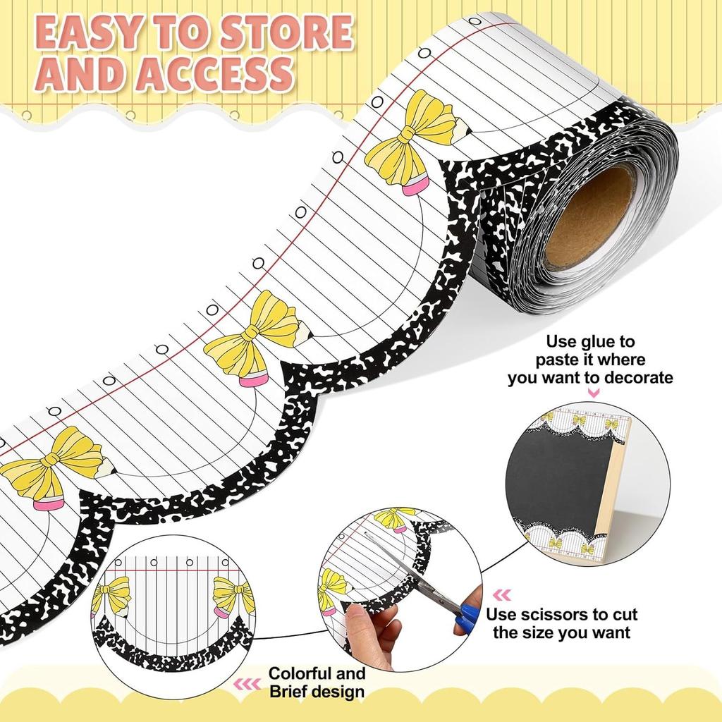 10M Pencil Bow Bulletin Board Border Trim Sticker Self-Adhesive Decorative Tape for Classroom Blackboard Office