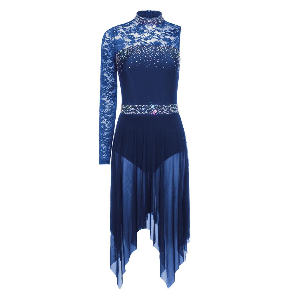 Womens Lyrical Dance Asymmetrical Bodysuit Dress Single Long Sleeve Floral Lace Irregular Hem Skirt