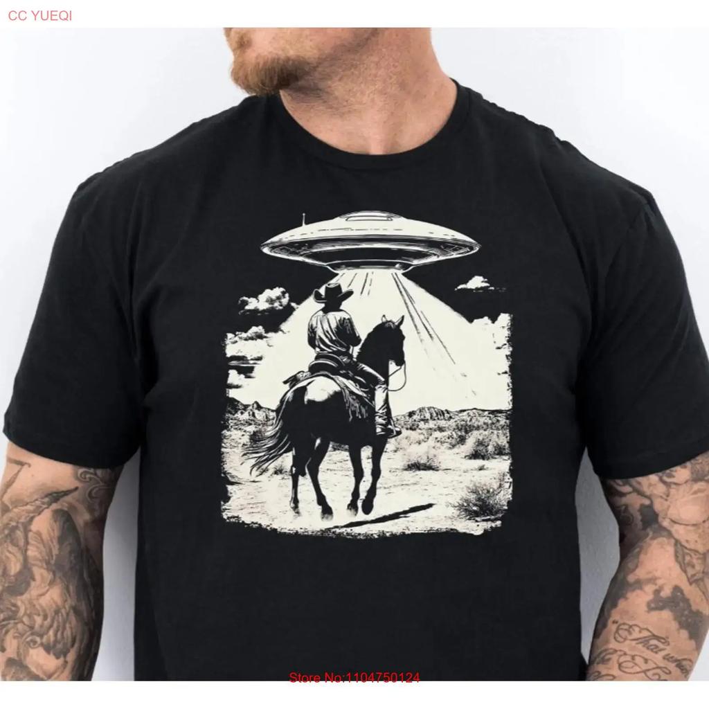 Ковбойский UFO Футболка Инопланетянин 90-х Мем Смешной винтажный Стильный Повседневный Топ Для Повседневной Носки Эластичный Унисекс