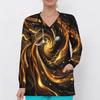 Women Plus Size Teal Black Gold Marble Printed Nurse Scrub Top V Neck Long Sleeve With Front Pockets