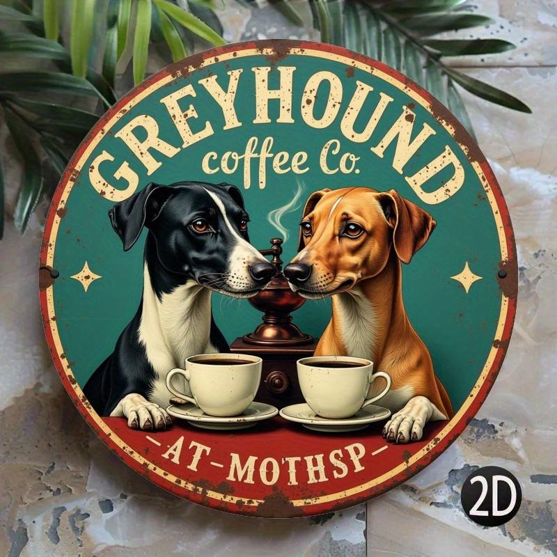 2d Плоский 20*20см, Ретро Круглый Деревянный Логотип Кофейной Компании Greyhound, Ретро Настенное Украшение с Дизайном Собаки и Кофе, Рустикальный Синий Фон
