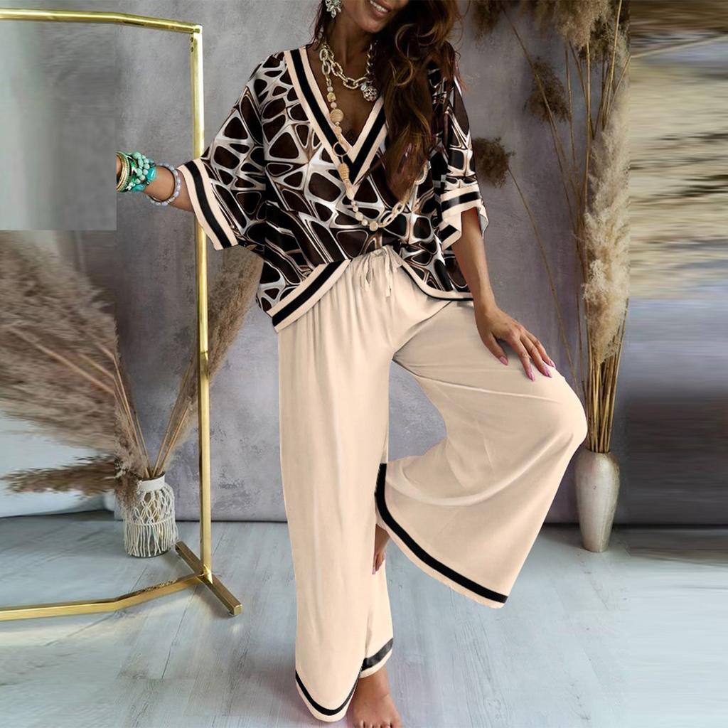 Женский модный повседневный топ с коротким рукавом и v-образным вырезом с принтом, брючный костюм