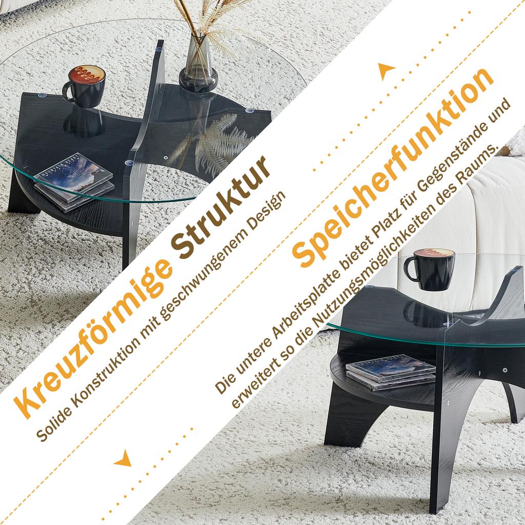 Modern Round Side Table, Safety Glass - diameter 80 cm, Fan-Shaped Frame, MDF Table Legs, Black Wood Look, Dining Room, Living Room, Office etc.