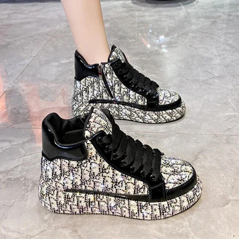 Модная женская обувь Модная женская обувь на шнуровке из вулканизированной стали Осенняя обувь с круглым носком и блестками Разноцветная повседневная женская обувь для офиса на платформе