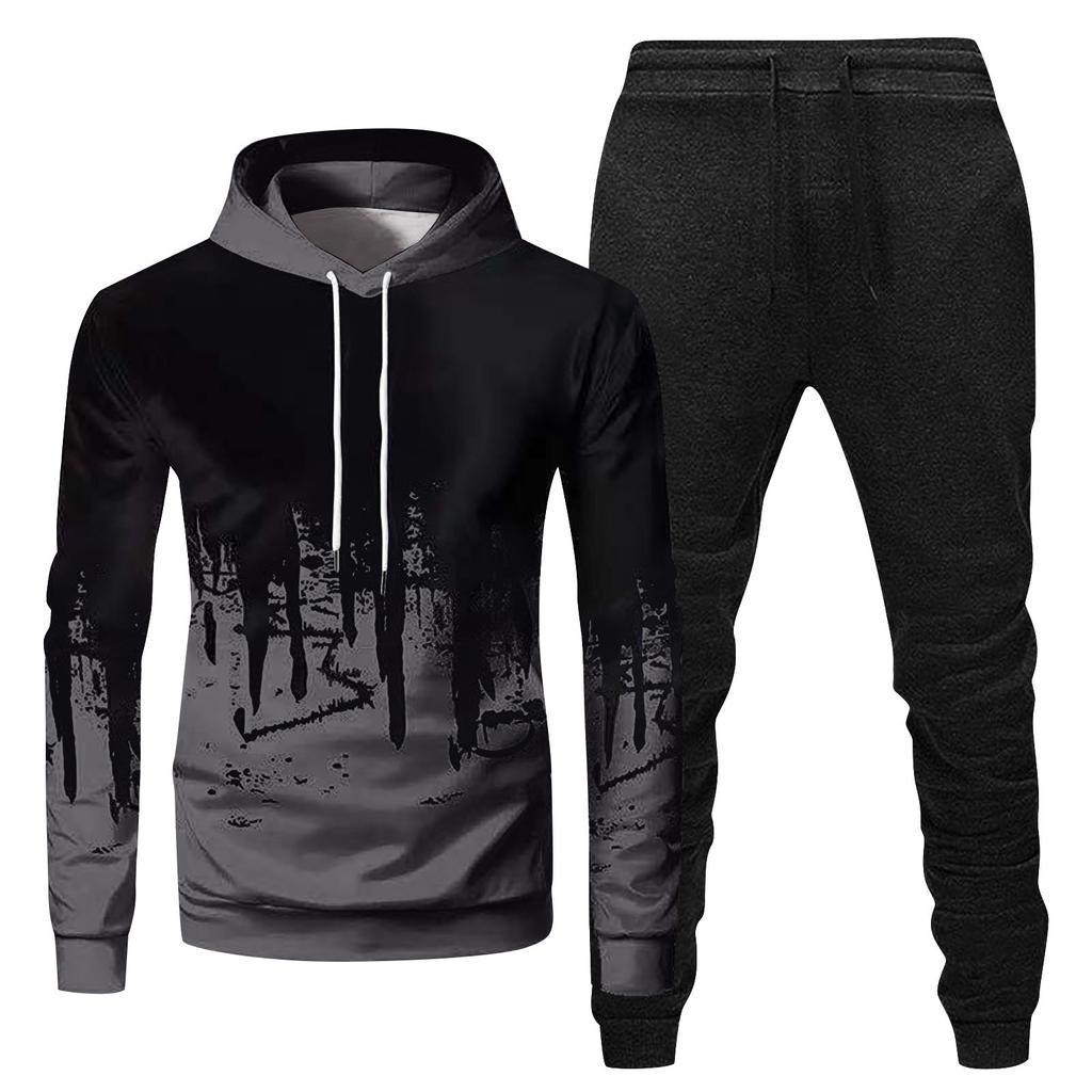 Mens Hooded Sports Tracksuit Unisex Two-Piece Running Outfits Long Sleeve Pullover Hoodies Sweatshirt+Sweatpants Set