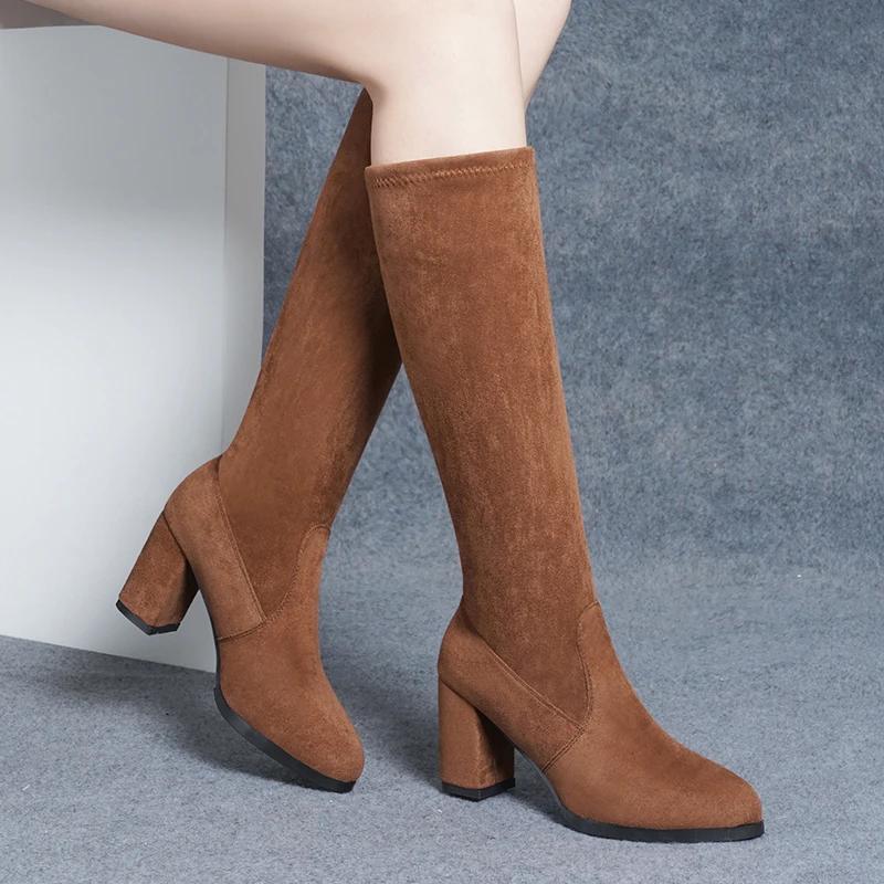 Зимние теплые сапоги на высоком каблуке женские ковбойские ботинки в стиле вестерн женские сапоги до колена из флока новые дизайнерские рыцарские сапоги для женщин